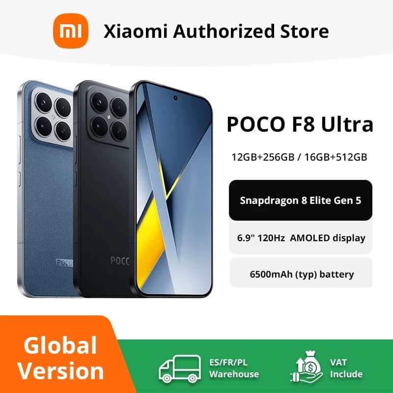 POCO F8 Ultra smartphone in black and blue, featuring a 6.9" AMOLED display, Snapdragon 8 Elite Gen 5, 6500mAh battery, and NFC support. Global version available.
