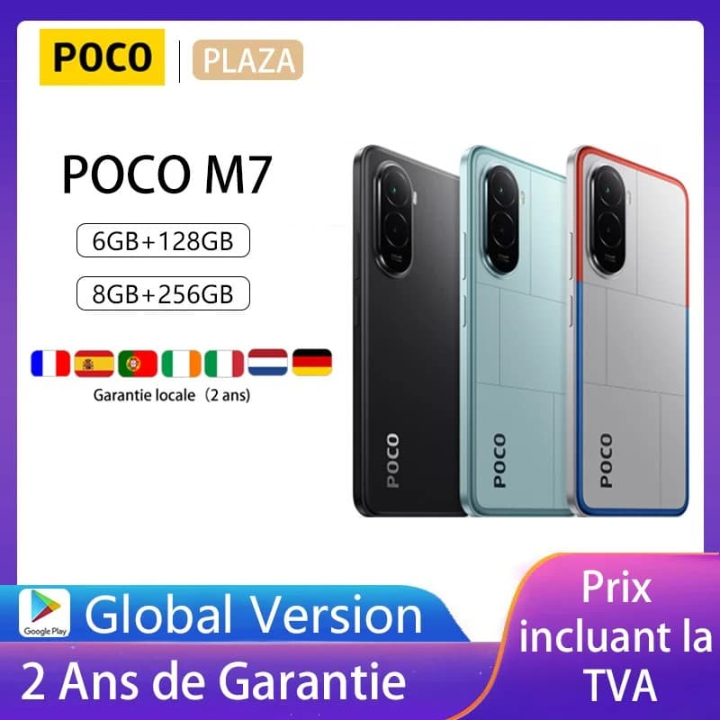 Three variants of the POCO M7 smartphone are displayed, featuring black, light blue, and red accents, highlighting its Snapdragon 685 processor, 7000 mAh battery, and 6.9" FHD+ display.