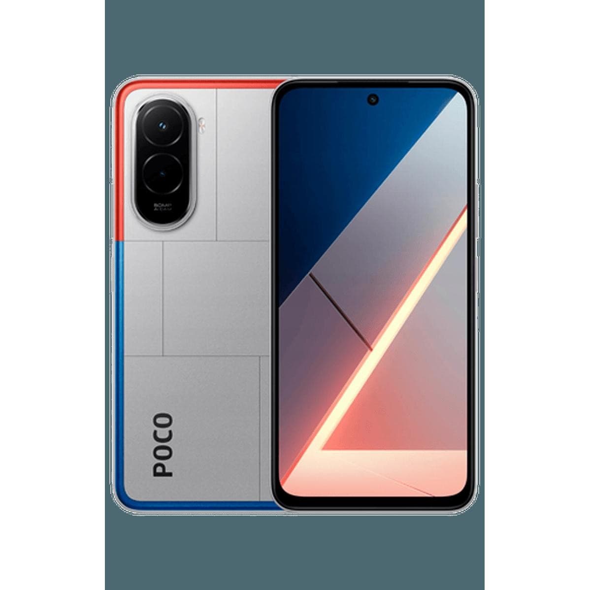 Xiaomi Poco M7 smartphone in silver with a 6.90" display, featuring a sleek design, dual rear cameras, and a colorful accent on the back.