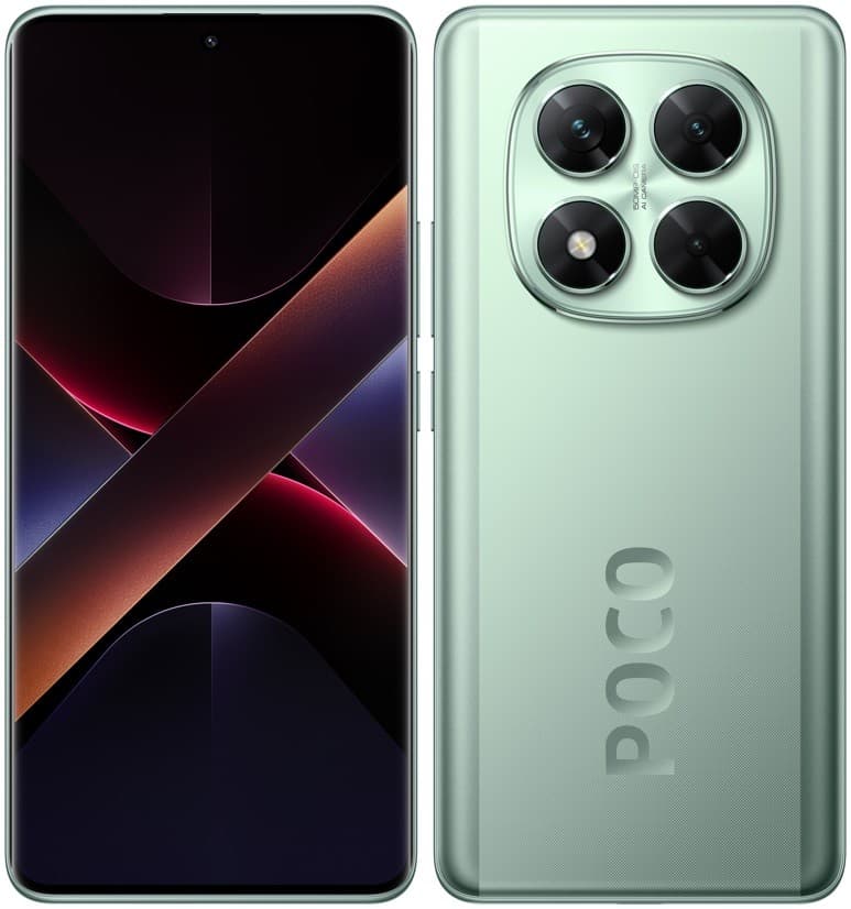 Xiaomi Poco X7 5G smartphone in green, featuring a sleek design, large display, and a triple-camera setup on the back with a prominent "POCO" logo.