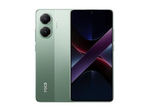 POCO X7 Pro smartphone in green, featuring a sleek design, dual rear cameras, a 6.67-inch display, and 8GB RAM with 256GB storage, labeled for 5G connectivity.