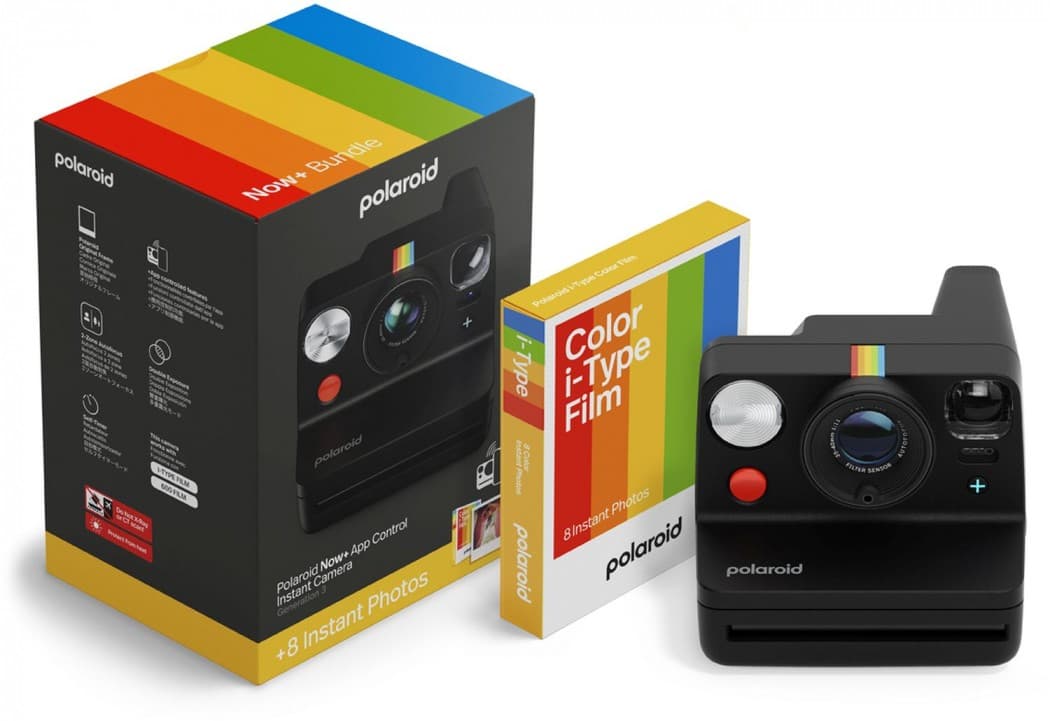 Polaroid Now+ Generation 3 Instant Camera in black with a colorful stripe, accompanied by a box of Color i-Type Film for 8 instant photos.