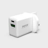 White Port Designs mobile charger with USB-C and USB-A ports, compact rectangular shape, UK plug.