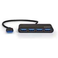 Black Port Designs USB 3.2 Gen 1 hub with four blue USB Type-A ports and a short black cable.