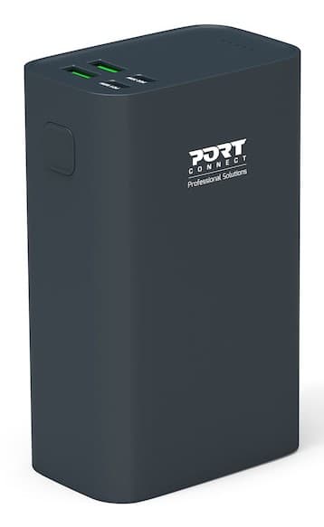 Black lithium polymer power bank with a matte finish, featuring two USB output ports and a power button, labeled with "PORT CONNECT" logo.
