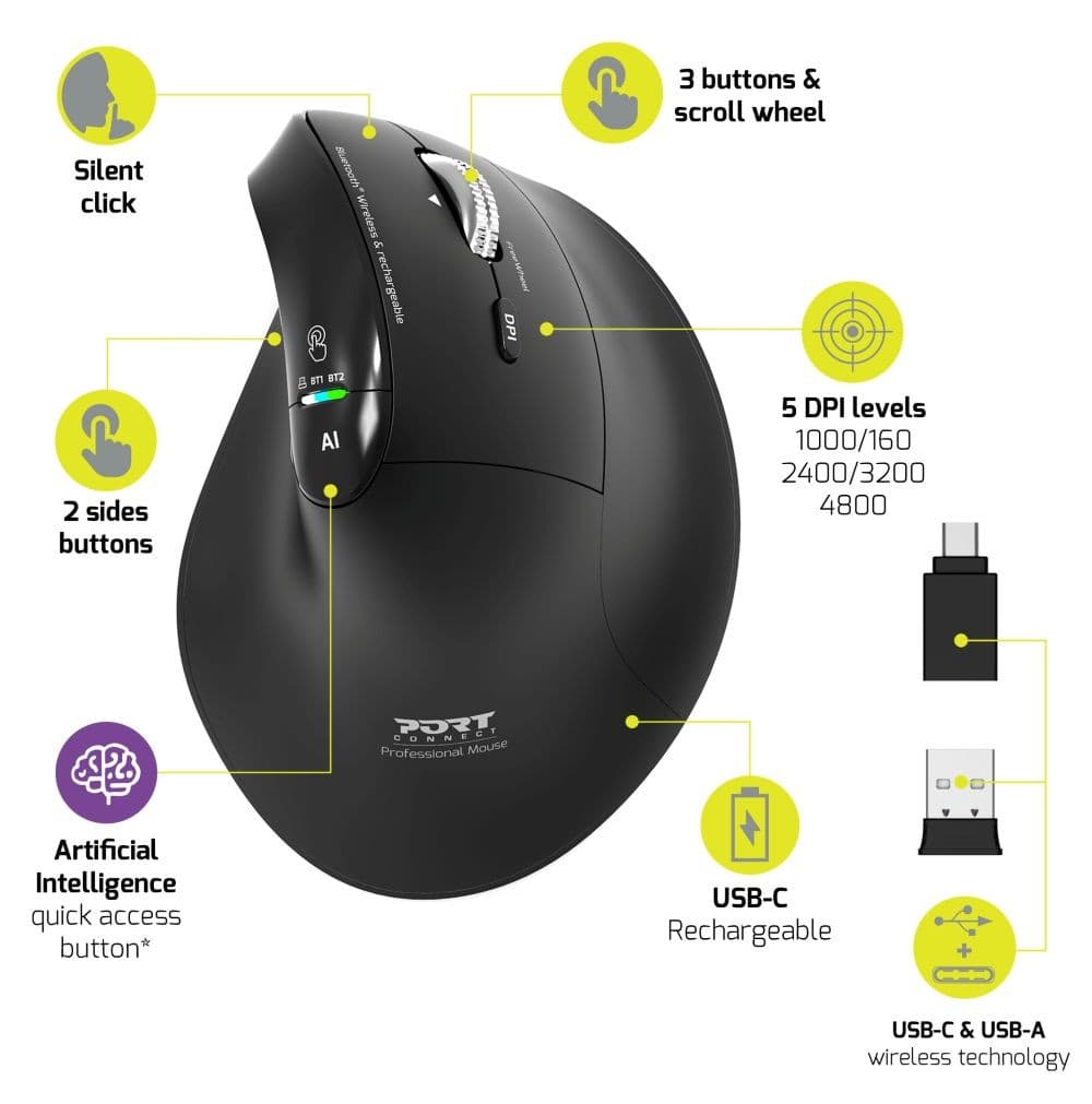 Black ergonomic right-hand RF wireless mouse with silent click, 5 DPI levels, 3 buttons, scroll wheel, 2 side buttons, USB-C rechargeable, and AI quick access button.