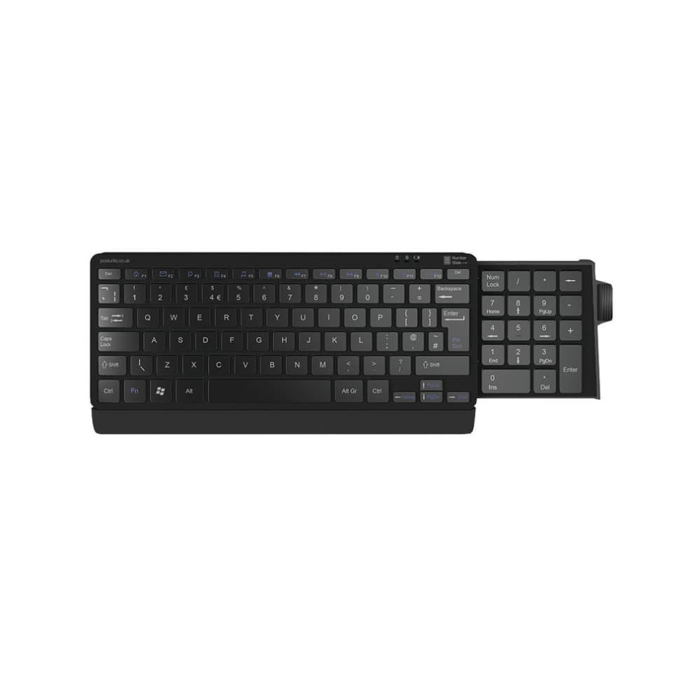 Compact black keyboard with a standard layout and a retractable number pad on the right, featuring low-profile keys and a sleek design for space-saving efficiency.