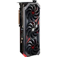 Black PowerColor RX 7800 XT graphics card with three cooling fans and red accents on a sleek design.