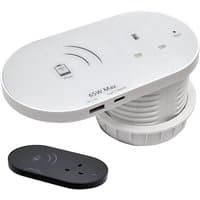 White POWERDATA combo with USB A QC, USB C 65W PD ports, wireless charging, and retractable design.