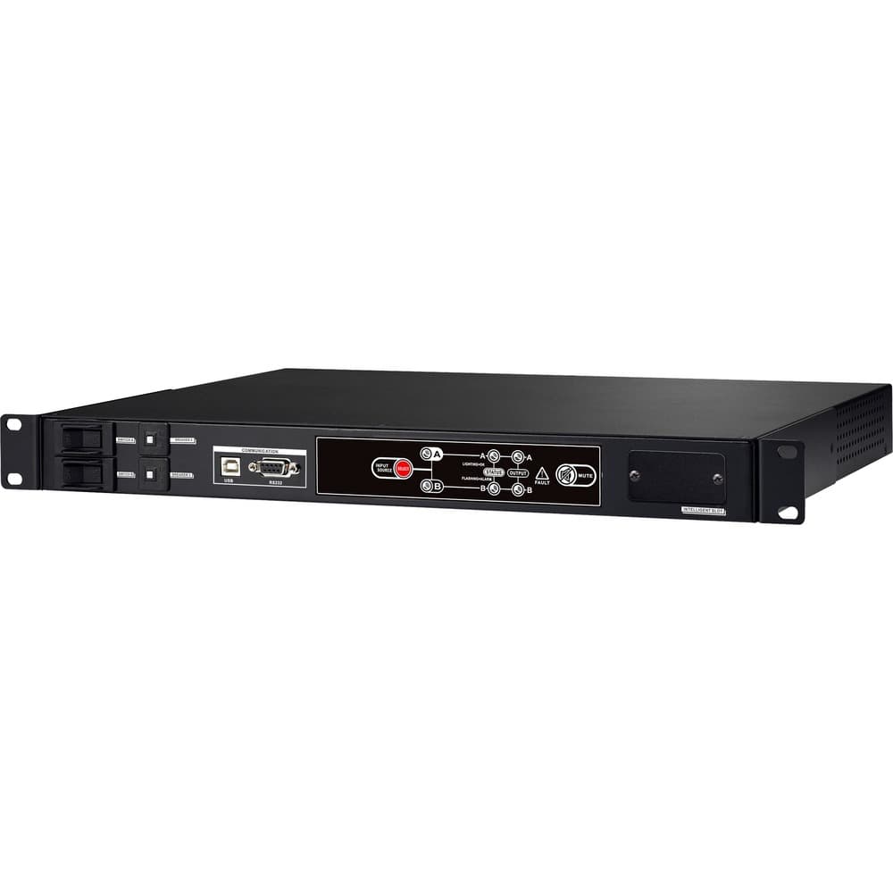 Black metal UPS accessory with a sleek design, featuring a control panel with buttons and indicators, two drive bays, and ports for connectivity.