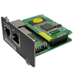 Green circuit board with black connectors and a yellow label, featuring network and UPS ports, designed as an accessory for PowerWalker UPS systems.