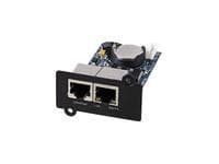 Black UPS accessory with dual Ethernet ports, a circuit board, and a compact design, featuring silver and gray components for connectivity and power management.