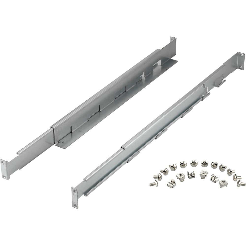 Silver metal rack accessory mounting kit with two elongated brackets and assorted screws and nuts for installation.
