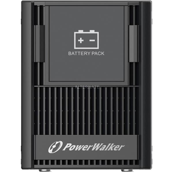 Black PowerWalker UPS Battery Cabinet Tower with a front panel displaying a battery pack icon and ventilation slits for heat dissipation.