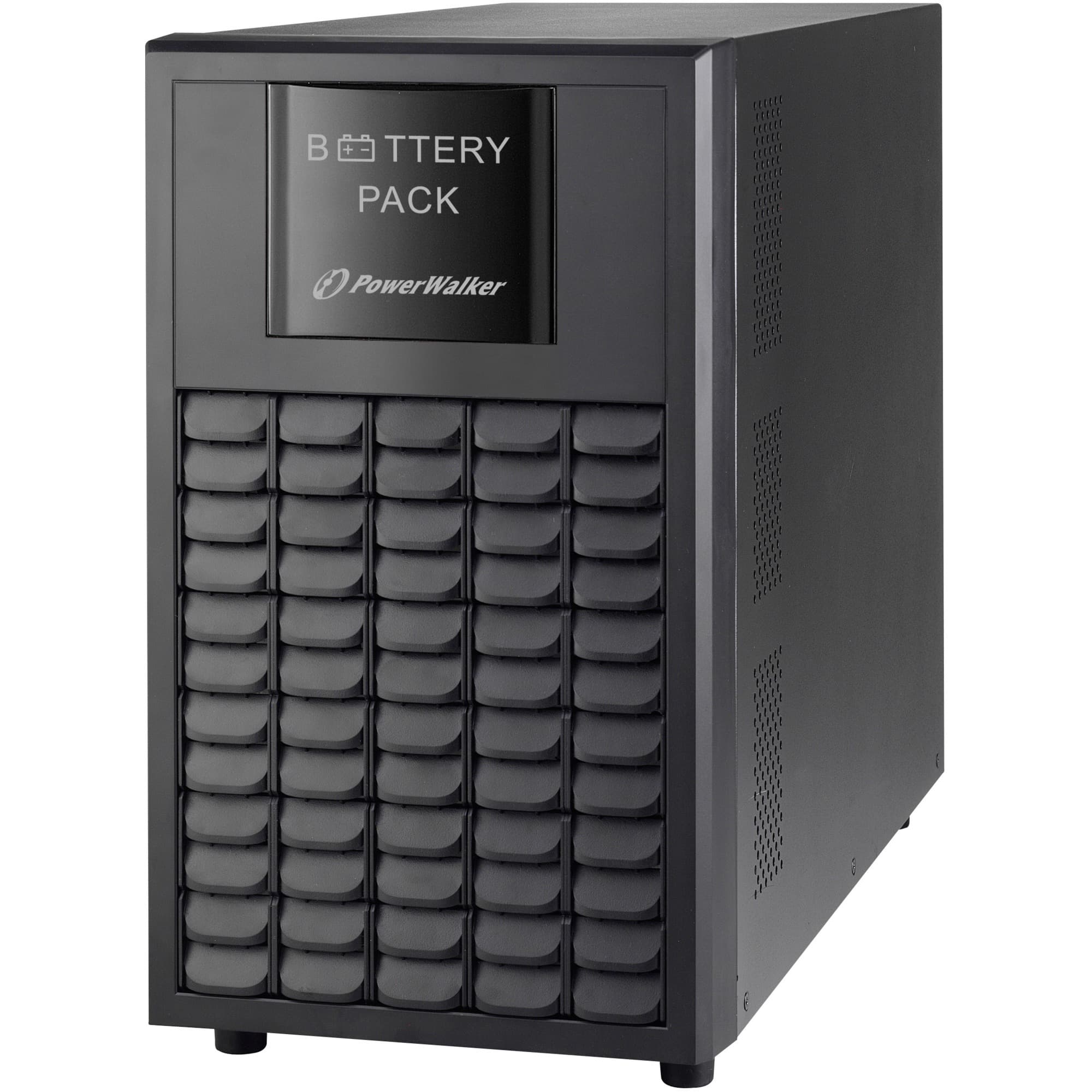 Black UPS battery cabinet tower with a textured front panel featuring multiple compartments, a digital display labeled "BATTERY PACK," and the PowerWalker logo.