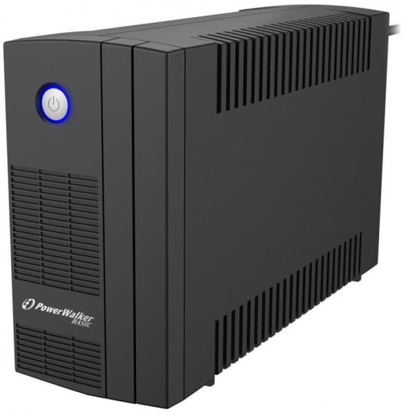 Black PowerWalker Basic VI 850 SB Uninterruptible Power Supply with a blue power button, vented sides, and a sleek, modern design, ideal for protecting electronic devices.