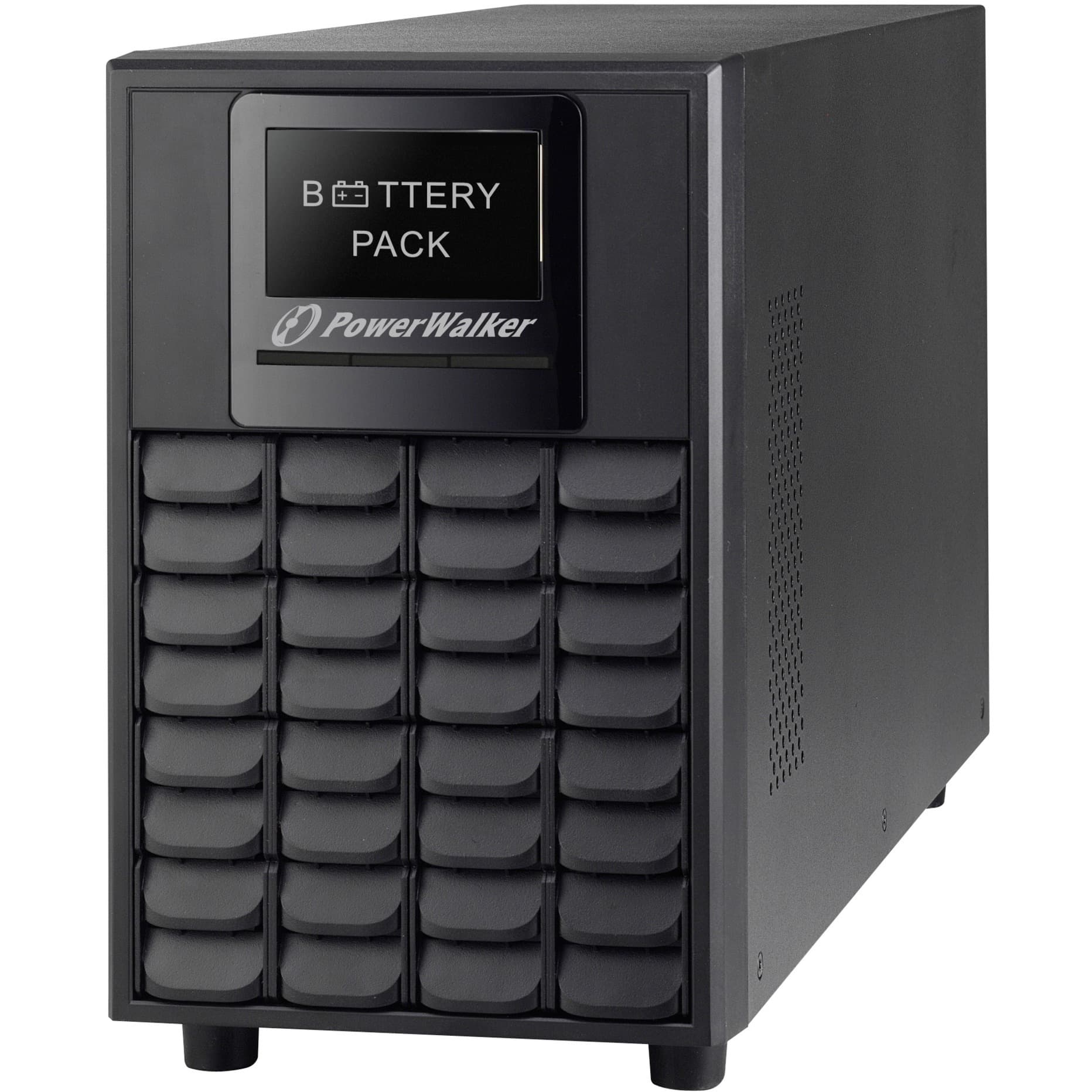 Black UPS battery cabinet tower with a digital display labeled "BATTERY PACK," featuring multiple ventilation slots and a textured front panel with grid-like battery compartments.