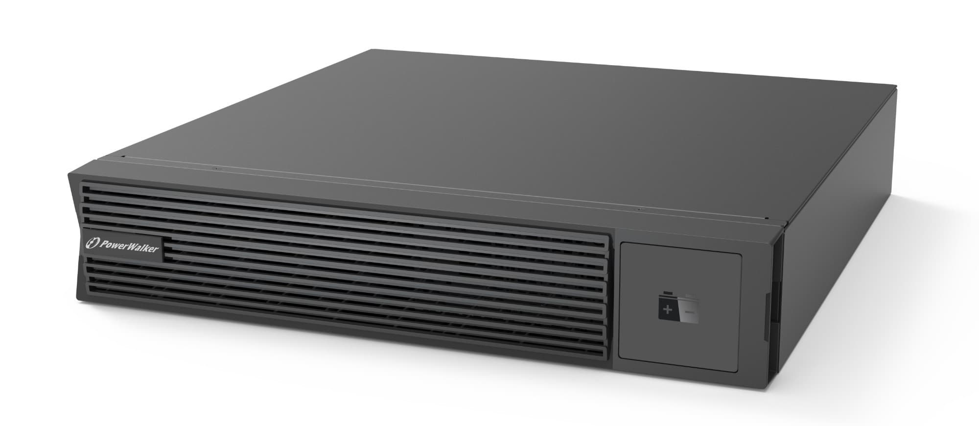 Black rectangular battery unit with a vented front panel, featuring a power button and indicator, designed for 12V 9Ah applications by PowerWalker.