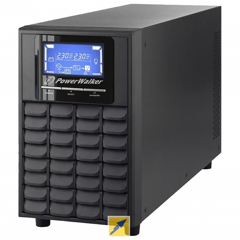 PowerWalker VFI 2000C LCD UPS in black with a sleek design, featuring a digital display, multiple buttons, and a grid of ventilation slots on the front.