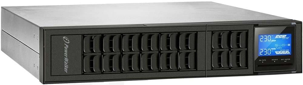 Black PowerWalker VFI 3000 CRM LCD Uninterruptible Power Supply (UPS) with a digital display showing voltage and status, featuring multiple battery slots for extended power backup.