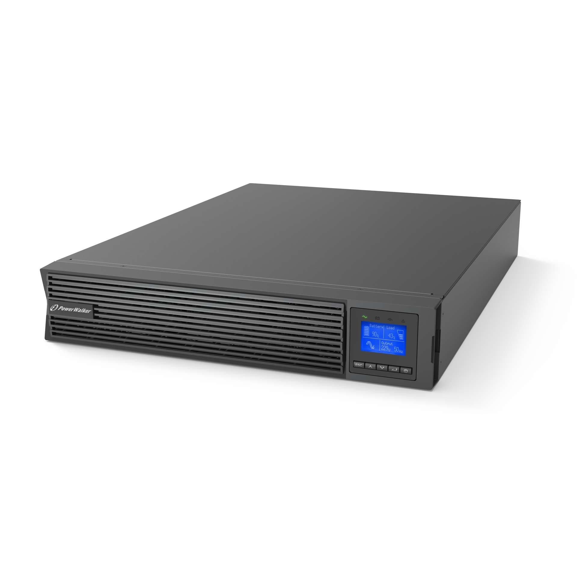 Black rack-mounted UPS unit with a sleek design, featuring a digital display and control buttons, providing 3kVA / 3kW power capacity for reliable backup.