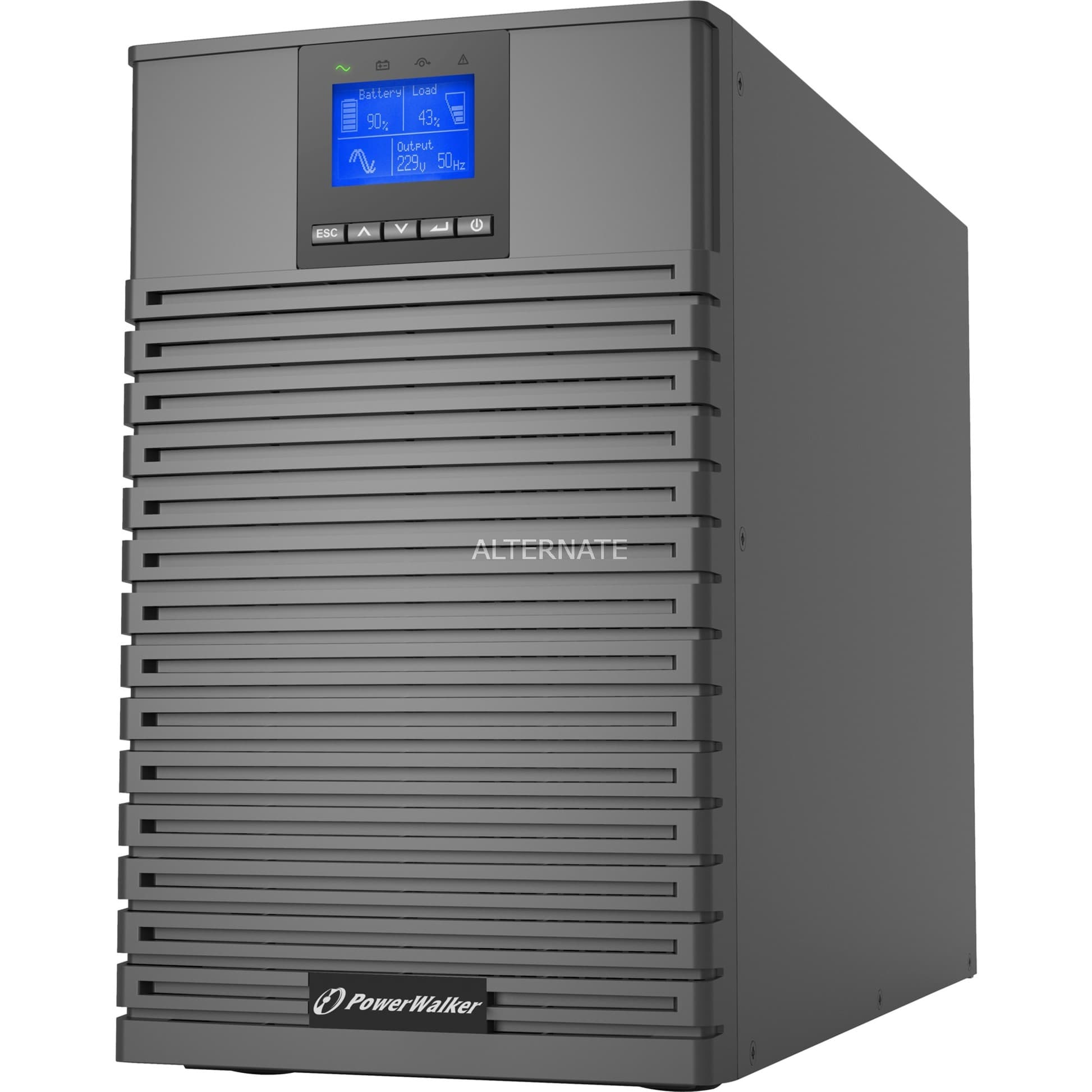 Gray uninterruptible power supply with a digital display showing battery status, output, and input levels, featuring a sleek design with horizontal vents for airflow.