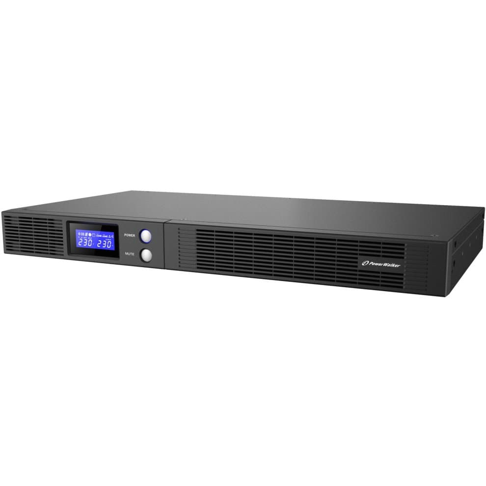 Black PowerWalker VI 1500 R1U Uninterruptible Power Supply with a sleek design, featuring a digital display, two buttons, and ventilation grilles on the front panel.