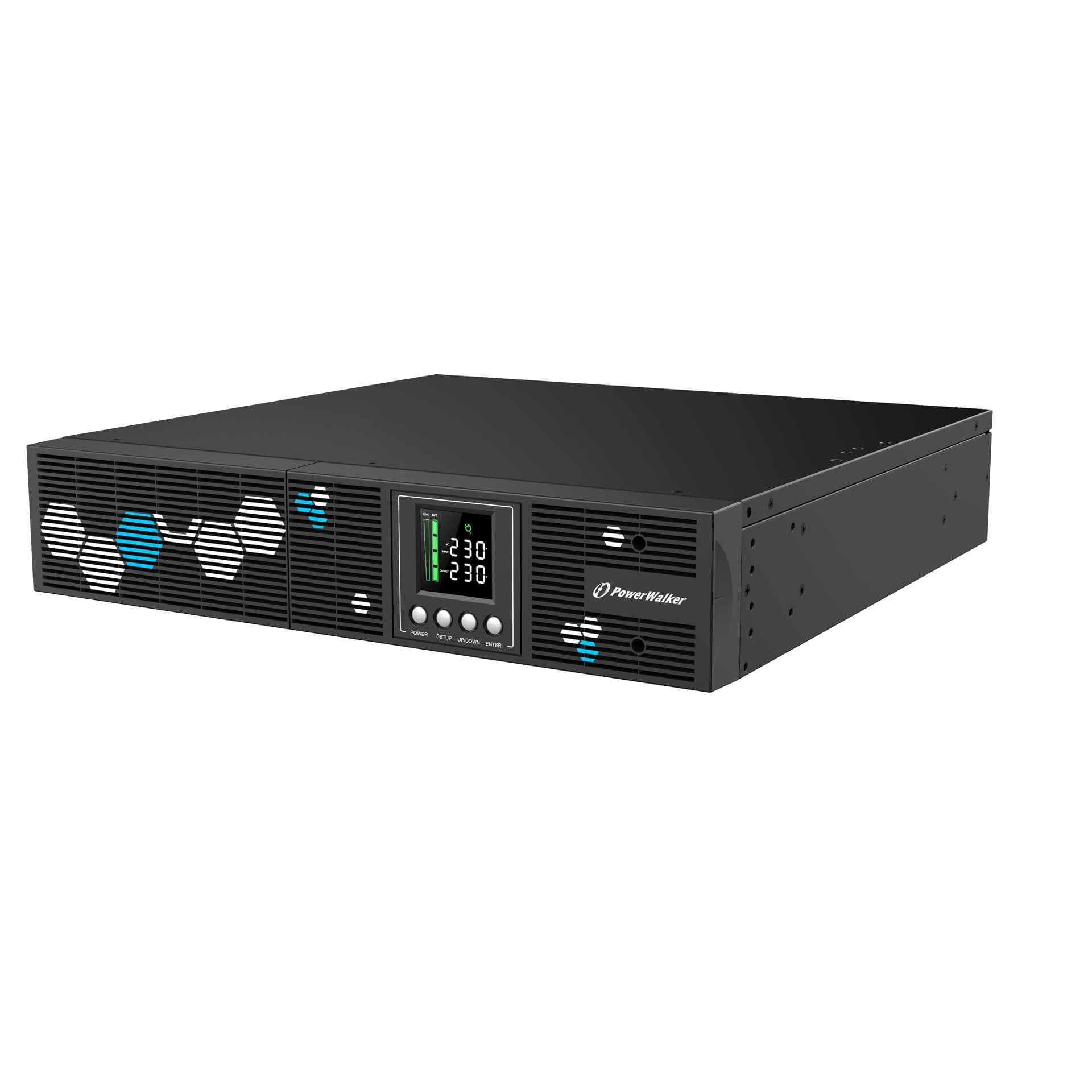 Black line-interactive UPS with a sleek design, featuring a digital display, multiple AC outlets, and ventilation grilles for cooling, suitable for 2 KVA and 1800 W power needs.