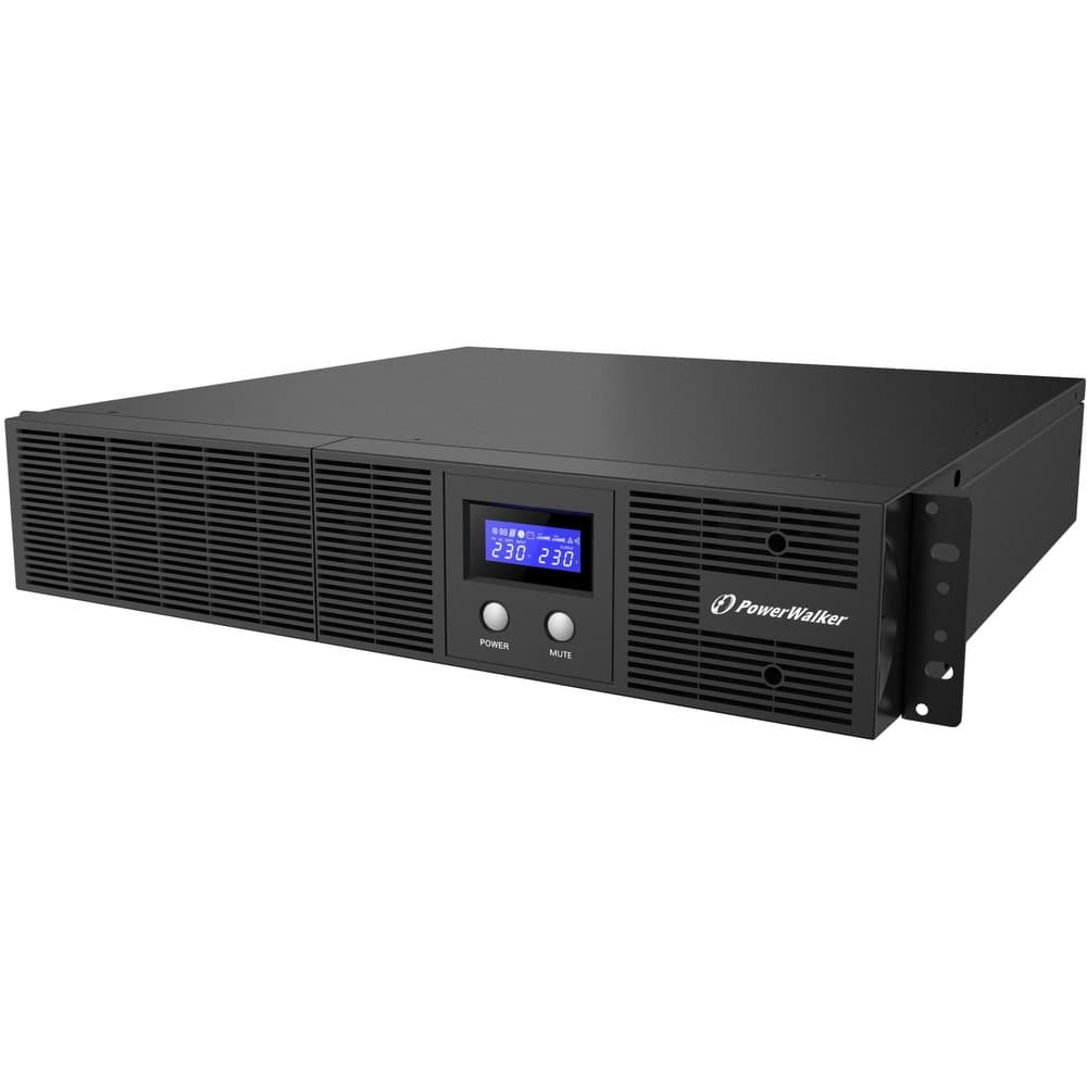 Black PowerWalker VI 2200 RLE Uninterruptible Power Supply with a digital display, two buttons, and ventilation grilles, designed for rack mounting.