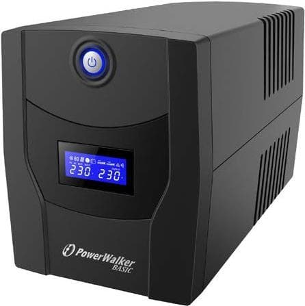 Black PowerWalker VI 2200 STL Uninterruptible Power Supply with a blue power button and a digital display showing voltage readings.