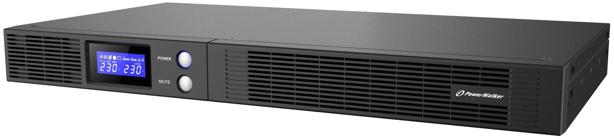 Black PowerWalker VI 750 R1U IEC UK Uninterruptible Power Supply with a digital display, power button, and ventilation grilles on the front panel.