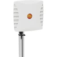White Poynting directional network antenna with square design, SMA connector, and 15 dBi gain on a metal pole.