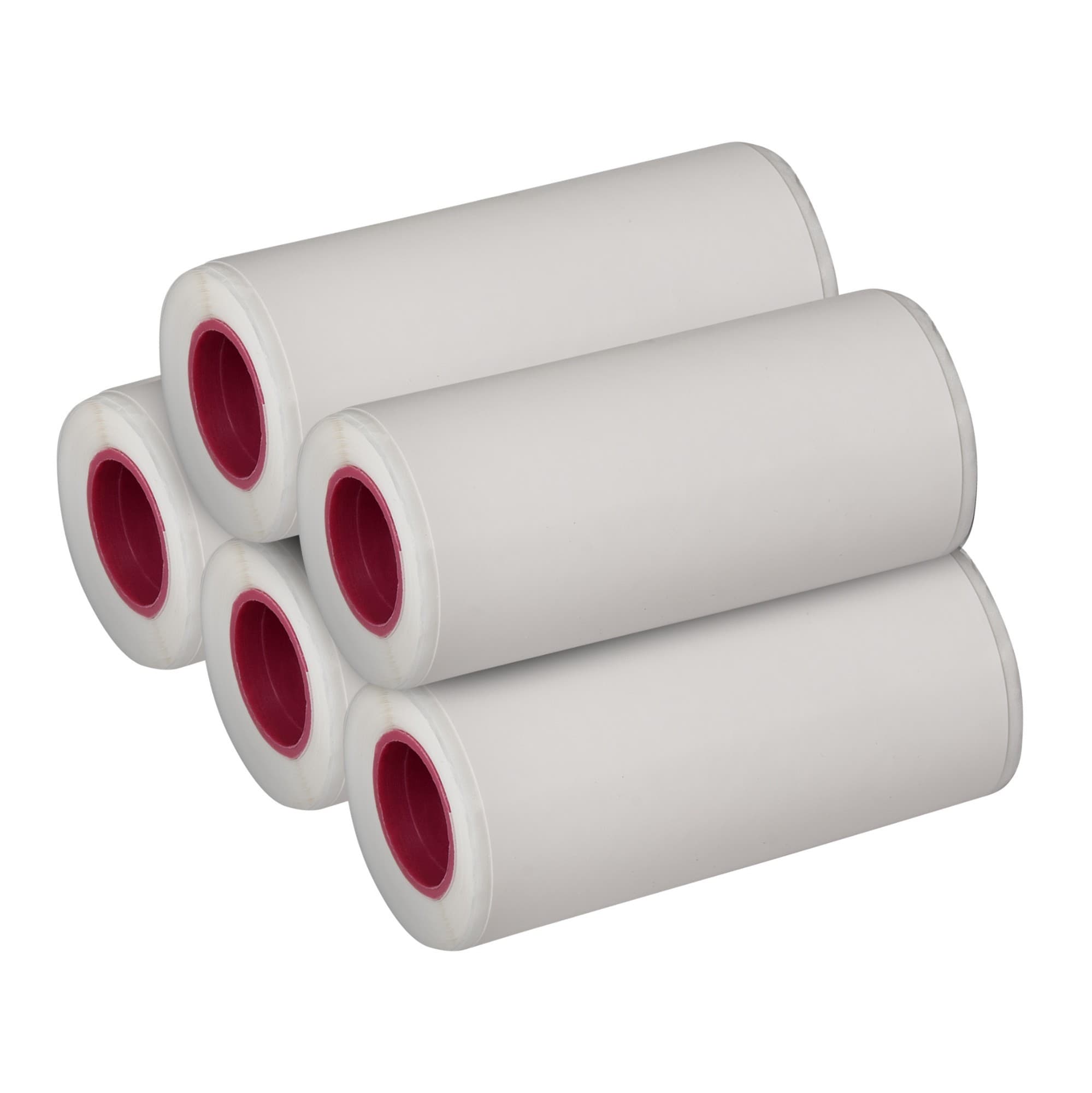 Five rolls of sticker photo film in a white casing with vibrant pink ends, designed for use with compatible photo printers.
