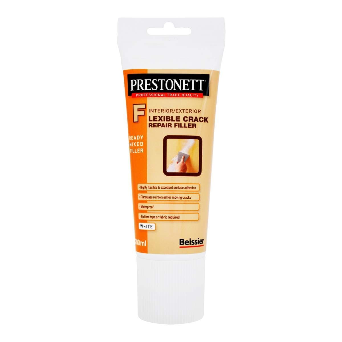 White tube of Prestonett Ready Mixed Flexible Crack Repair Filler, featuring an orange label with product details, suitable for interior and exterior use, and a 300ml capacity.