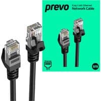 Black PREVO CAT6 Ethernet cable, 1 meter, with clear RJ45 connectors, shown against a turquoise background.