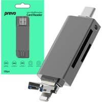 Black PREVO CR312 card reader with USB Type-A, USB Type-C, and Lightning connectors, compact rectangular design.