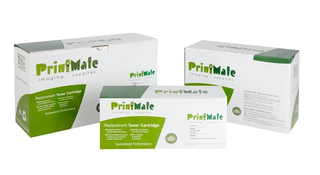 Three boxes of PRINTMATE remanufactured toner cartridges, featuring a green and white design, labeled for Canon 731M and HP CF213A, with "Replacement Toner Cartridge" prominently displayed.