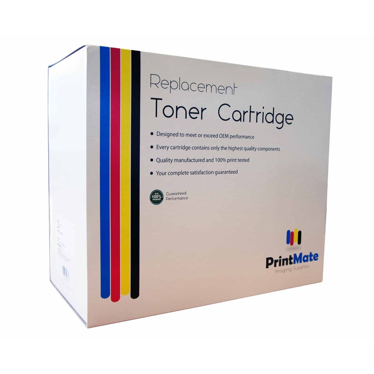 White box with colorful stripes on the side, labeled "Replacement Toner Cartridge" and "PrintMate," featuring details about quality and performance guarantees.
