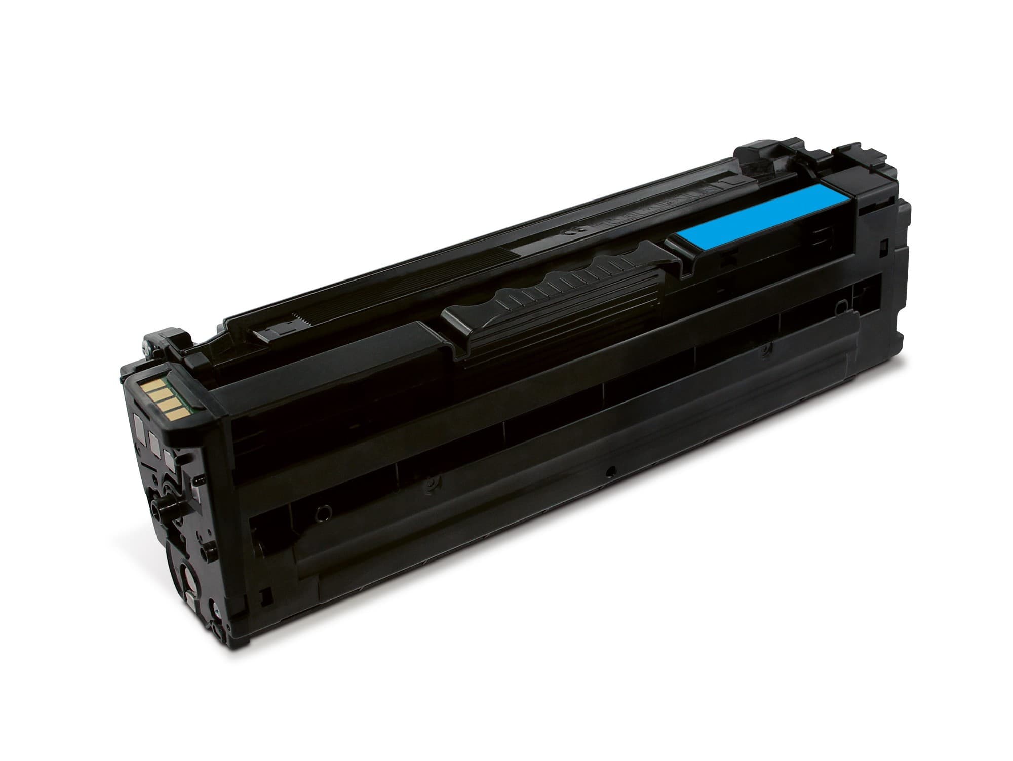 Remanufactured cyan toner cartridge by PrintMate, model SAMSUNG CLT-C505L/ELS, featuring a sleek black body with a prominent blue label, designed for 3500 pages.