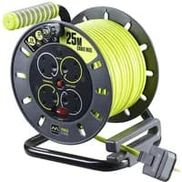 Black and yellow 25M open cable reel with four 13A sockets, ergonomic handle, and sturdy frame.