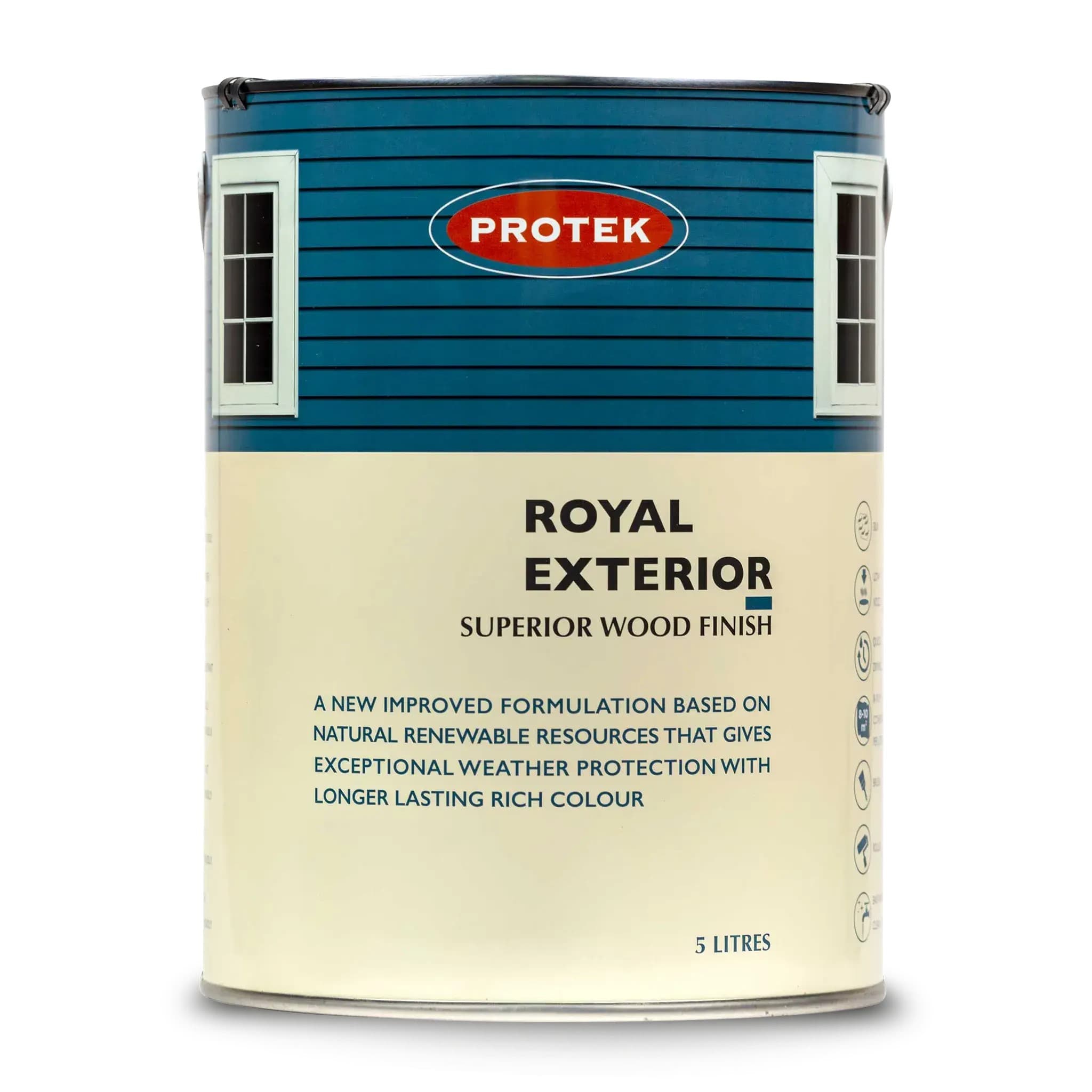 Protek Royal Exterior Paint in D19 Nude Taupe, 125ml, features a blue label with white text, highlighting its superior wood finish and weather protection qualities.
