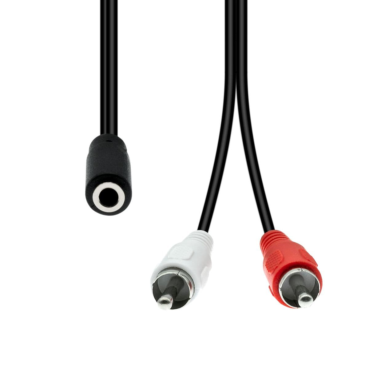 Black 3-pin audio extension cable with a female connector on one end and red and white male RCA connectors on the other, designed for audio connections.