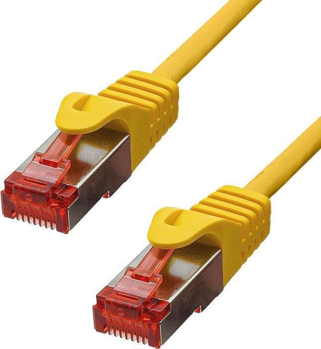 Yellow ProXtend CAT6 F/UTP CU LSZH Ethernet cable, 30cm long, featuring two clear connectors with red clips for secure connection.