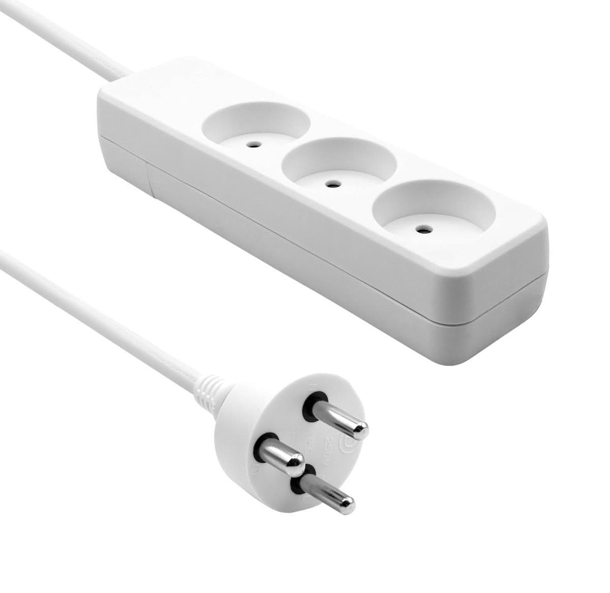 White plastic power strip with three sockets, featuring a 15-meter long white cable and a standard three-prong plug.