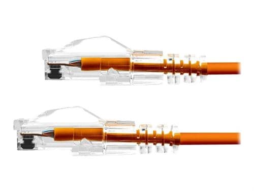 ProXtend Ultra Slim CAT6 U/UTP CU LSZH Ethernet cable in vibrant orange, featuring clear connectors and a flexible design, measuring 5 meters in length.