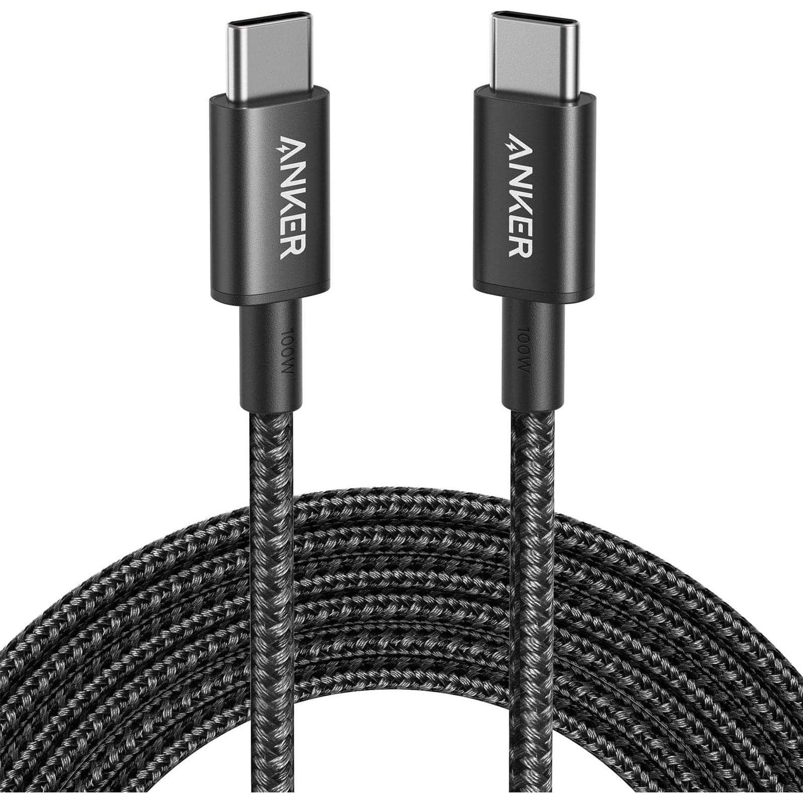 Black braided USB-C cable with two connectors, featuring a sleek design and the "ANKER" logo on each end, ideal for fast charging and data transfer.