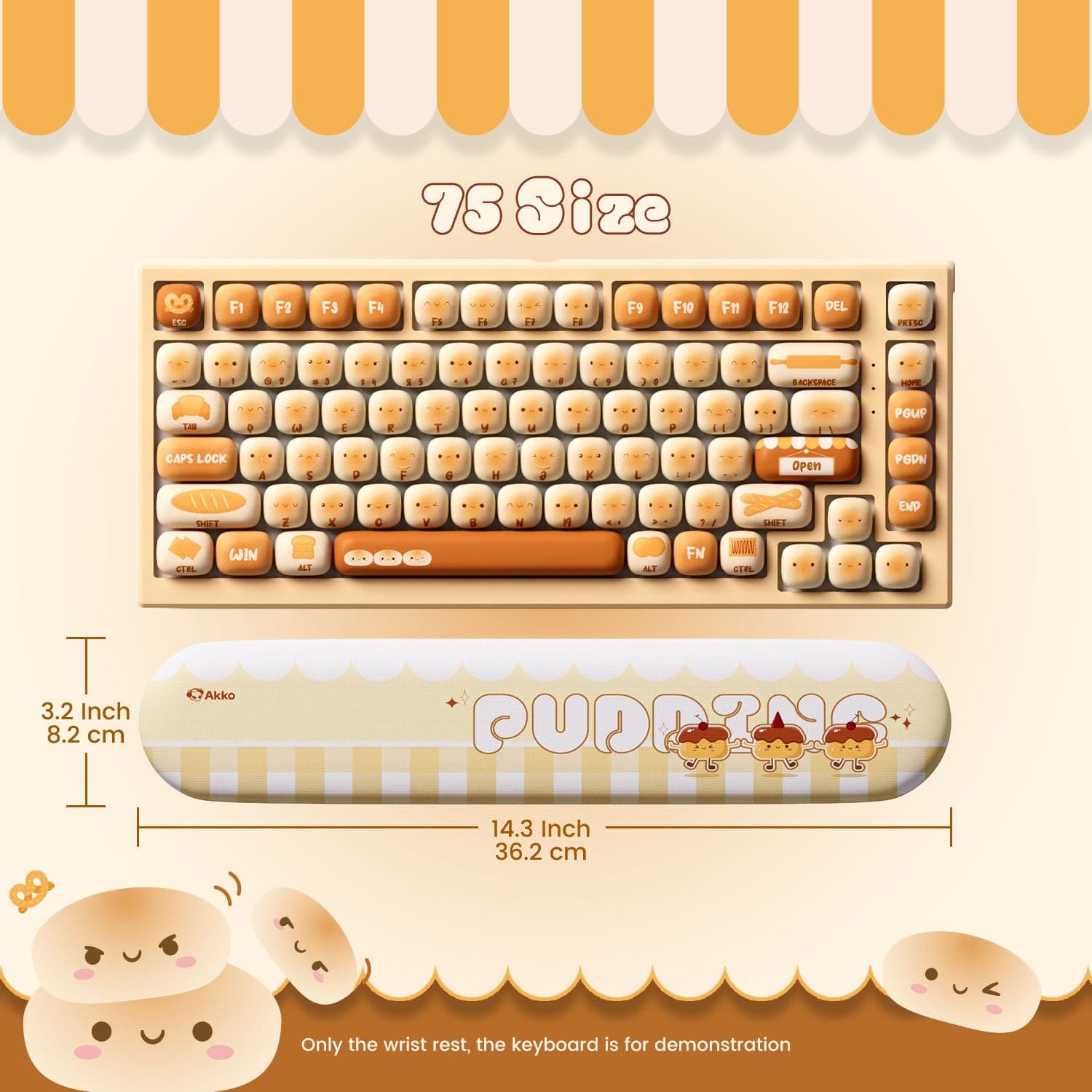 Cream-colored pudding-shaped wrist rest with cute cartoon characters, featuring a smooth surface and rounded edges, designed to complement a 75% keyboard layout.
