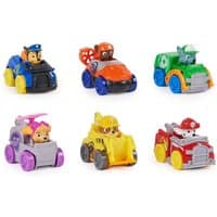 Paw Patrol Pup Squad Racers Gift Set with six colorful toy vehicles featuring characters in themed cars.
