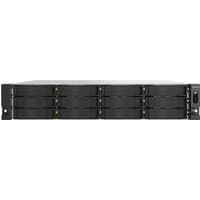 QNAP TS-h1277AXU-RP 12-Bay NAS, black front panel, silver edges, with multiple drive bays and power button on the right.