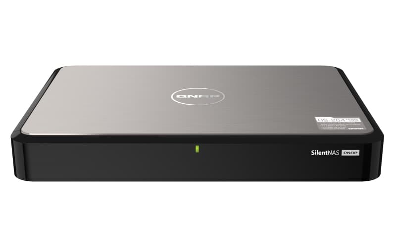 QNAP HS-264 NAS desktop with a sleek silver and black design, featuring a brushed metal top, power indicator light, and compact form factor for efficient storage solutions.